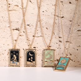 2023 New Design Vintage Geometric Star Sun Moon Empress Lover Queen Rectangular Gold Plated Pendant Tarot Card Necklace Mystic Christmas Jewellery Gifts for Women