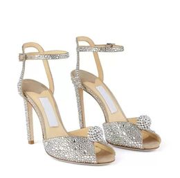 Luxury sandals leather crystal embellishment peep toe ball glittering ankle strap summer elegant ladies fashion dinner comfortable walking shoes