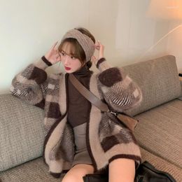 Women's Knits Mohair Retro Cardigan Sweater Knitted Plaid Oversized Autumn Chunky Korean Style Swetry Damskie Women Clothes DE50KS