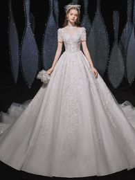 2023 Luxury Crystal Beading Wedding Dress long sleeves lace Scoop Neck A Line Bridal Gowns Sweep Train Custom Made Dresses