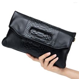 Evening Bags Womens Fashion Foldover Crossbody Bag Black Genuine Cowhide Leather Ladies Purse Crocodile Pattern Day Clutches Chain