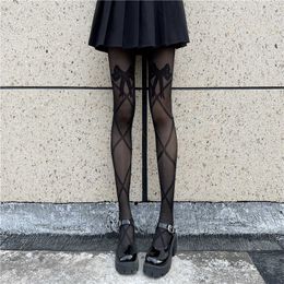 Socks Hosiery Japanese Lolita Mesh Long Sexy Fishnet Nylon Tights Black White Cross Bandage Bow-knot Printed Stockings Women Netzstrumpfhose T220930