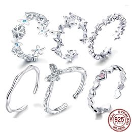 Cluster Rings BISAER 925 Sterling Silver Openwork Heart Star Snowflake Butterfly Finger For Women Fashion Wedding Jewellery Anel