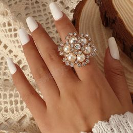 Luxury Pearl Stone Big Flower Ring for Women Girl Gold Color Alloy Temperament Flower Rings Party Jewelry