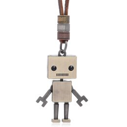 Cute Movable Robot Pendant Necklace Adjustable Leather Chain Necklaces for Women Men Fashion Jewelry Gift