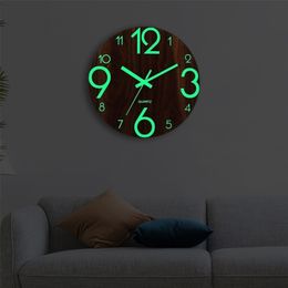 Wall Clocks Wooden 3D Clock Modern Design Luminous Number Hanging Quiet Glowing in Dark Living Room Decoration Watch Silent 220930