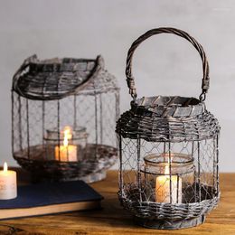 Candle Holders Bamboo Weaving Wrought Iron Retro Wind Lamp Desktop Decoration Shooting Props Candlestick Nordic Floor Picnic