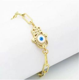 Gold Plated CZ Fatima Hand Evil Eye Charm Copper Chain Bracelet Hip Hop Jewellery for Man Woman Party Gift