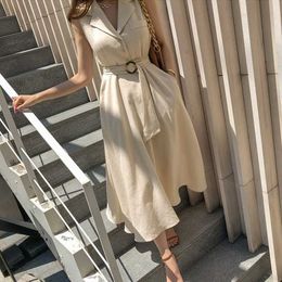 Party Dresses 2022 Brand New Hepburn Style Women Mid Dress Notched Collar Sleeveless High Waist French Dress Slim Belted Dress Vestidos Mujer T220930