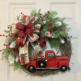 Decorative Flowers 2022 Christmas Wreath Car Bows Garlands Xmas Hanging Door Ornaments Garland With Red Truck Navidad Year Decor