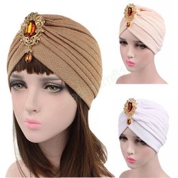 Luxury Rhinestone Pendant Pleated Beanie Hats Fashion Muslim Womens Turban Cap Headwear African Ladies Party Wedding Headgear