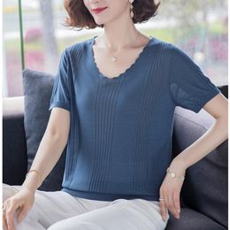 Women's Sweaters LJSXLS Knitted Thin Women's Sweater Summer Solid Ruched Elegant Pullovers Women Clothing Black Short Sleeve Sweter