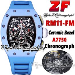 Z Latest version zf202210011 Mens Watch A7750 Chronograph Automatic Blue Ceramic Case Steel Skeleton Dial Blue Rubber Strap Super Edition Sport eternity Watches