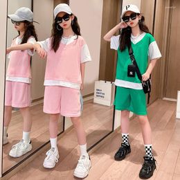 Clothing Sets Summer Girls Clothes Casual Suit Cotton Patchwork Short Sleeve Sweat T Shirt 1/2 Pants Shorts Tracksuit 5 7 8 9 10 Yrs Kids