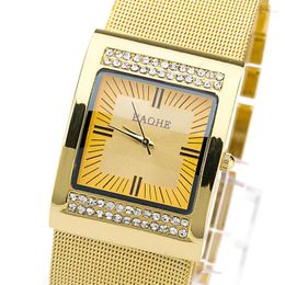 Wristwatches 2022 European And American Square Gold Mesh Strap Watch Women's Diamond Alloy Quartz Fashion Steel