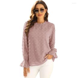 Women's T Shirts Fashion 2022 Spring And Summer Chiffon Jacquard Hair Ball Lotus Leaf Collar Sweet Long-sleeved Straight Top Women's