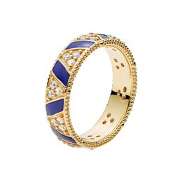 Yellow Gold plated Blue Stripes Stones Ring For Women Men 925 Sterling Silver Wedding Jewelry with Original Box for Pandora CZ diamond girlfriend Gift Rings
