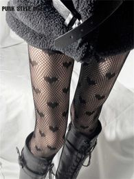 Socks Hosiery Sexy Heart Print Fishnet Stockings Woman Dark Gothic Lolita Women Jk Pantyhouse Loves High Waist Tights Alt All-match Stocking T220930