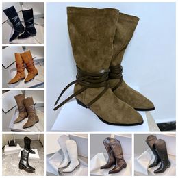 22SS Black pointy knee-high heels boots v-toed leather Isabel Thick legs stylish solid pointed female women Thigh-High knee Cowboy rider Fashion barreled stretch boot