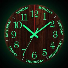 Wall Clocks 12 Inch Luminous Wood Silent light in dark night Nordic Fashion Non Ticking With Night Light 220930