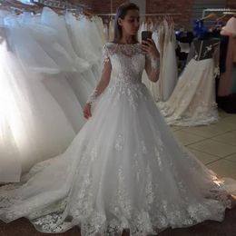 Gorgeous Wedding Dresses Bridal Gown Long Sleeves Lace Applique Tulle Sweep Train Bateau Neckline Ruffles Plus Size Custom Made Vestido De Novia 403 403