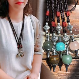 Retro Ethnic Sweater Chain Necklace for Divination Women Circular Natural Gems Stone Pendant Necklace Jewellery