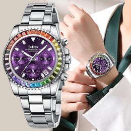 Wristwatches Fashion BIDEN Brand Lady Dress Watch Calendar Colourful Rhinestone Dial Casual Business Women Wristwatch Silver Stainless Steel