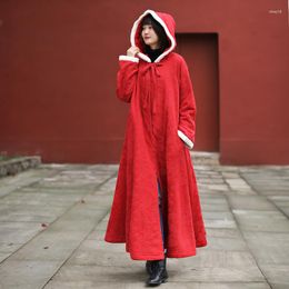 Women's Trench Coats LZJN 2022 Women's Maxi Hooded Fleece Cape Coat Wedding Cloak Winter Long Cotton Linen