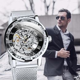 Wristwatches Fashion Carved Skeleton Men Watches Silver Top Mechanical Ultra Thin Mesh Strap Crystal Iced Out Ladies