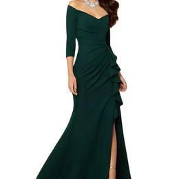 Mother of the Bride dresses Featuring stretch fabric 3/4 Long sleeves Drapes Bare shoulders V-neck Elegant and Sexy