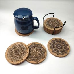 Table Mats 6pcs Nordic Mandala Pattern Round Cork Coasters With Holder Stand Rack Wooden Drinks Absorbent Mat Glass Cup Mug Pad Decor