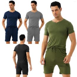 Men's Sleepwear Plus Size Men Summer Pajama Set Casual Solid Nightwear Homewear V Neck Short Sleeve Sport T-Shirt Mid Waist Drawstring