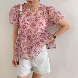 Women's T Shirts Fashion O Neck Lantern Sleeve Floral T-shirts Women Sweet Fresh Organza Tshirts Girls Retro Hem Ruffled Pink Tops Casual