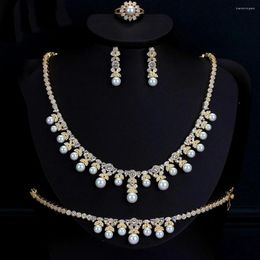 Necklace Earrings Set TIRIM Luxury Pearl Nigerian Dubai 4 PCS For Women Wedding Cubic Zircon CZ Africa Gold Bridal