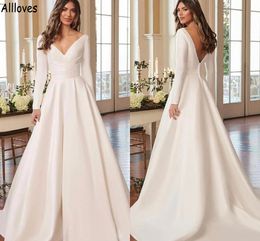 Elegant Satin A Line Wedding Dresses With Long Sleeves V Neck Simple Boho Garden Bridal Gowns Open Back Buttons Fashion Sweep Train Robes de Mariee CL1214