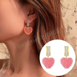 Fashion Big Pink Heart Dangle Earrings for Women Elegant Shiny Full Rhinestone Crystal Drop Earrings Bride Wedding Jewelry