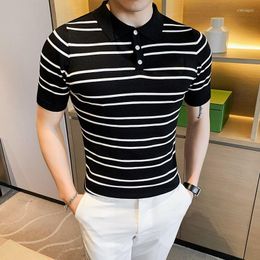 Men's Polos 2022 Summer Short Sleeve Men Striped Polo Shirts Business Fashion Turn Down Collar Slim Fit Casual Knitted Tee Shirt Homme R57