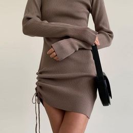 Casual Dresses Ladies Sweater Dress Solid Turtleneck Slim Strappy Women's Knitting Short Korean Long Sleeve Female Elegant