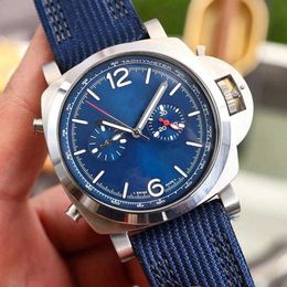 Relógio de luxo Pam 1303 masculino automático 44 mm mostrador cor azul couro mecânico 316l aço fino luminoso