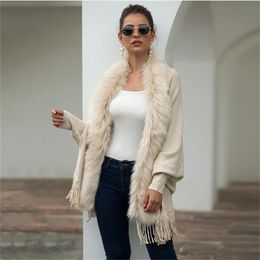 Fitshinling Fur Collar Winter Shawls And Wraps Bohemian Fringe Oversized Womens Ponchos And Capes Batwing Sleeve Cardigan GC1672