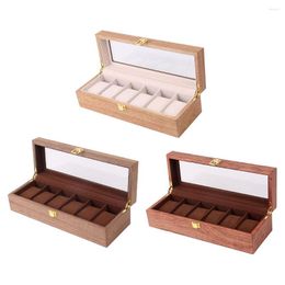 Watch Boxes Wooden Box Case Organizer Display For Men Women 6 Slots Wood With Clear Glass Top Vintage Style Metal Buckle