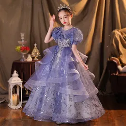 2023 Gold blue Flower Girl Dresses Jewel Neck Ball Gown Lace Appliques Beads With Bow Kids Girls Pageant Dress Sweep Train Birthday Gowns