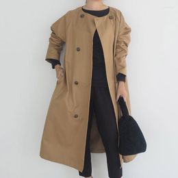 Women's Trench Coats Women Long Coat Korean Fashion Double Breasted Round Neck Japan Office Lady Autumn Outwear Khaki Oversized Jacket 2022