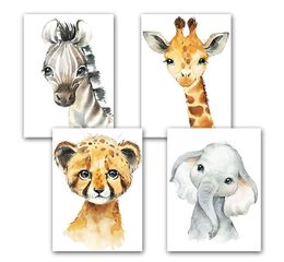 Canvas painting Watercolour Animal Poster A4 Elephant Tiger Cute Cartoon Kindergarten Children Rooms Decorative Painting Baby Room Decor Adorable Gift