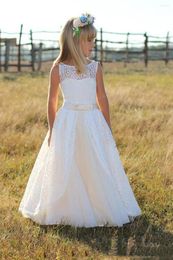 Girl Dresses Elegant Full Lace Flower 2022 Junior Bridesmaid Floor Length Kids Party Prom Dress With Bow Sash Child Form