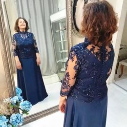 Vintage Navy Blue 3/4 Illusion Long Sleeve Mother of Bride Dresses High Neck Sheer Appliques Sequins Floor Length Evening Gowns Wedding Guest Dress Custom Made