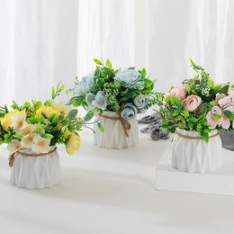 Decorative Flowers Artificial Plants Bonsai Potted Plant Simulation Fake Flower Set For Wedding Home Decoration Desktop Ceramic Vase