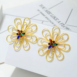 Stud Earrings Big Flower Women 2022 Fashion Jewelry Wholesale Rhinestone Gold Color Copper Statement Large For Party