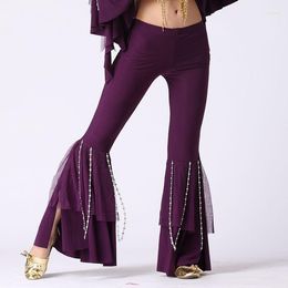 Stage Wear Women's Belly Dance Crystal Cotton Silver Bead Chain Pants Dancing Practising Suits Trouser Wide Leg