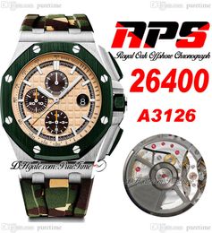 APSF 44mm Combate A3126 Cronógrafo automático Homens de aço Caixa de aço 264 Sorte de cerâmica verde Moldura amarela Black Texture Dial Camo Strap Super Edition PureTime B2